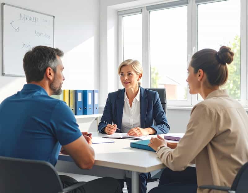 Logo-Etre-soi une directrice d'école échangeant avec des parents dans son bureau en utilisant la CNV