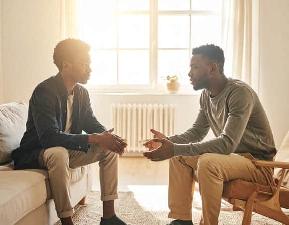 Deux personnes en pleine discussion calme et empathique illustrant la gestion d'un conflit grâce à la Communication Non Violente