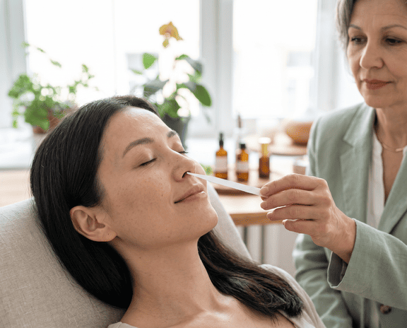 Praticienne bien-être utilisant une touche olfactive très fine pour une séance d'aromatologie avec une cliente