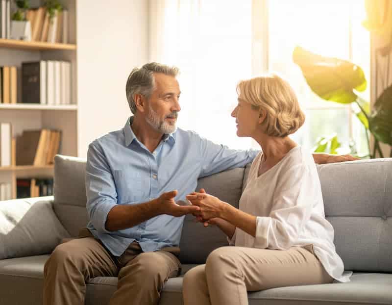 Un couple échangeant avec bienveillance et écoute empathique dans un salon chaleureux et lumineux