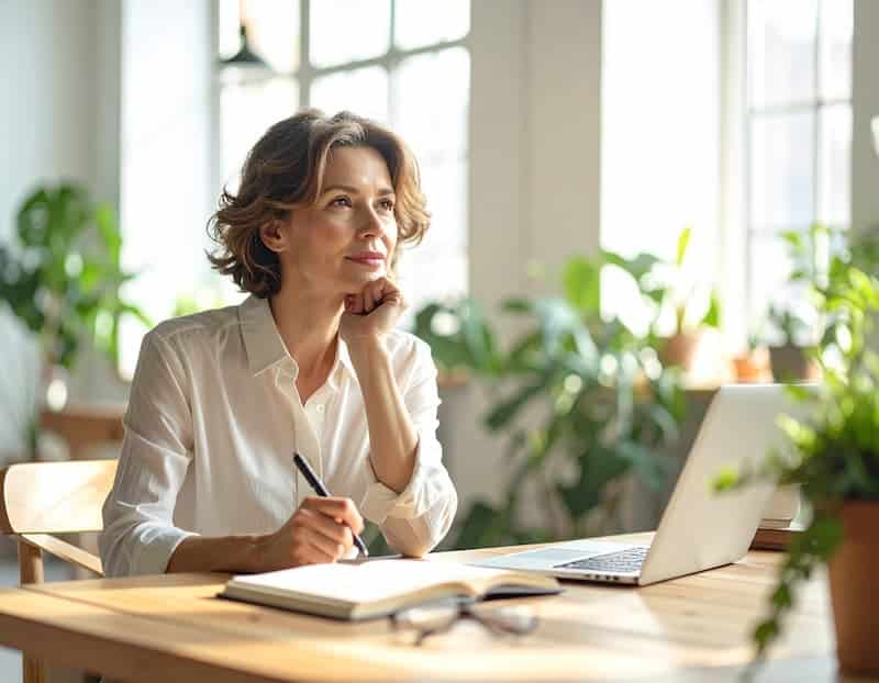 Une entrepreneure sereine en pleine séance de réflexion stratégique et de bilan de compétences pour faire évoluer son entreprise