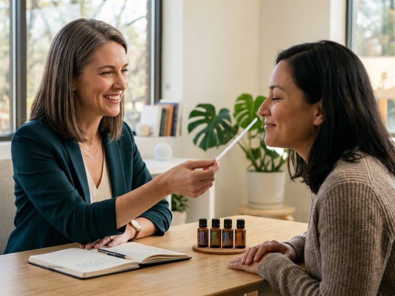 Consultante en bilan de compétences utilisant l'olfaction et les huiles essentielles pour apporter de la clarté professionnelle à une cliente.
