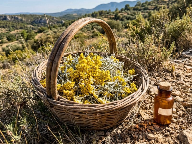 Panier de fleurs d'Hélichryse sauvage (Immortelle) fraîchement récoltées et flacon d'huile essentielle sur un coteau ensoleillé.