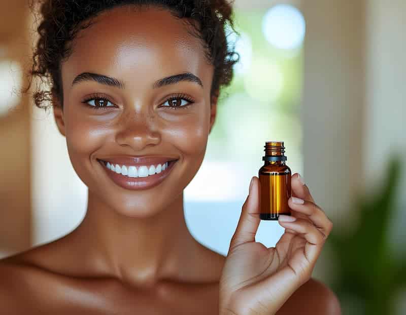 Femme tenant un flacon d'huile essentielle dans le cadre d'un soin naturel de la peau