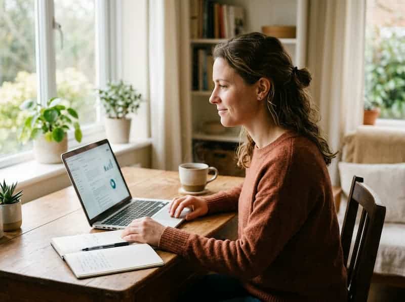 Femme à son bureau étudiant les options de financement de son bilan de compétences