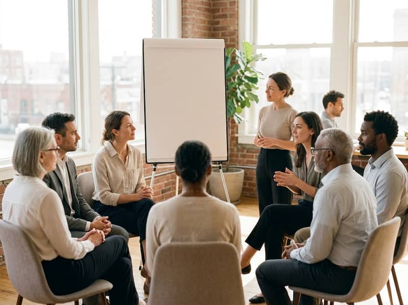 Groupe de professionnels échangeant lors d'une formation en communication non violente