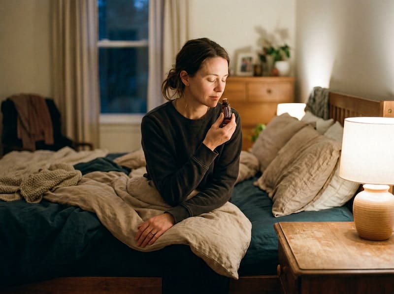 Femme se relaxant le soir en respirant une huile essentielle dans sa chambre